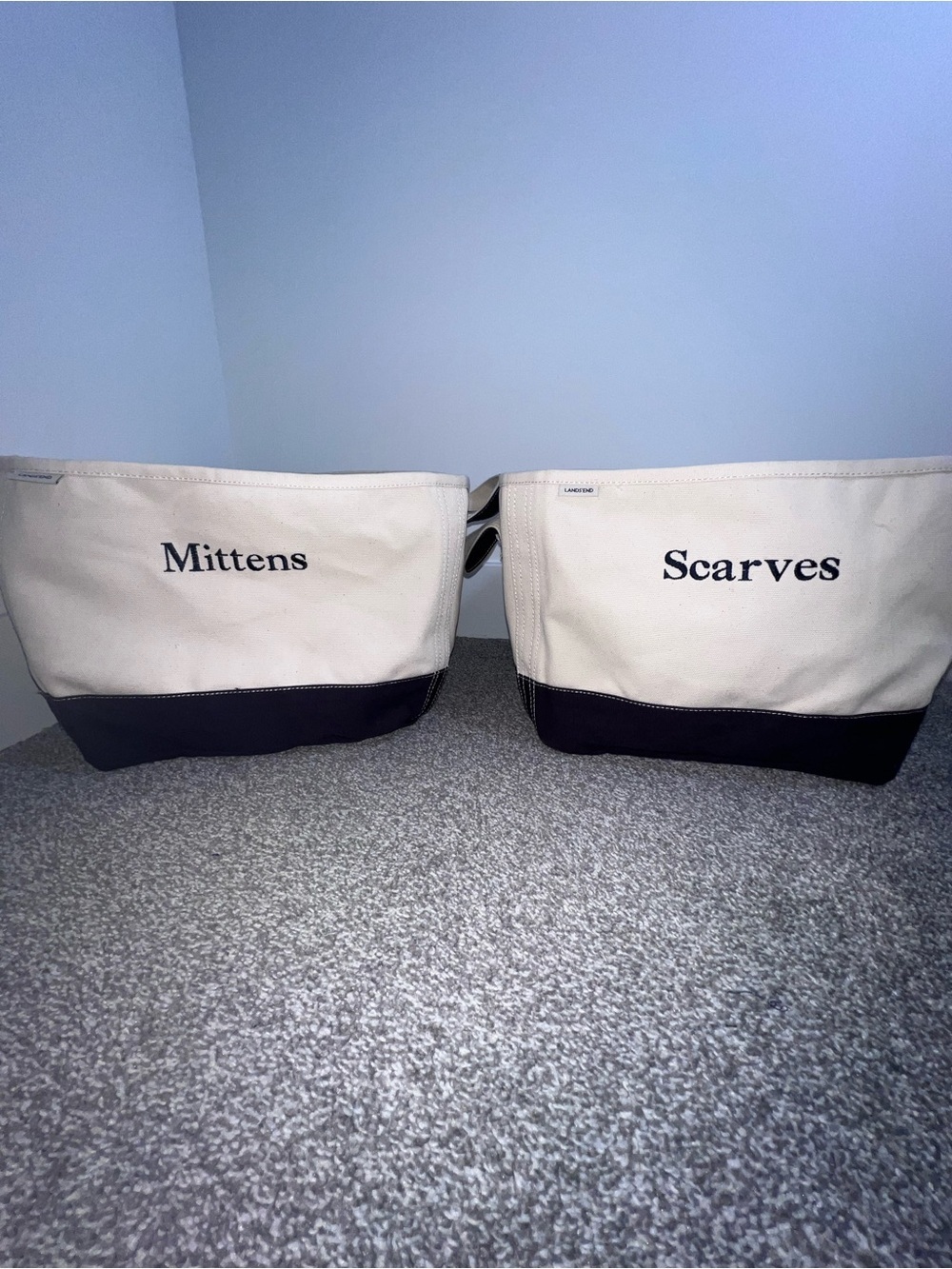 LANDS END Canvas Storage Bins — "Mittens" & "Scarves" Set in Cream and Black